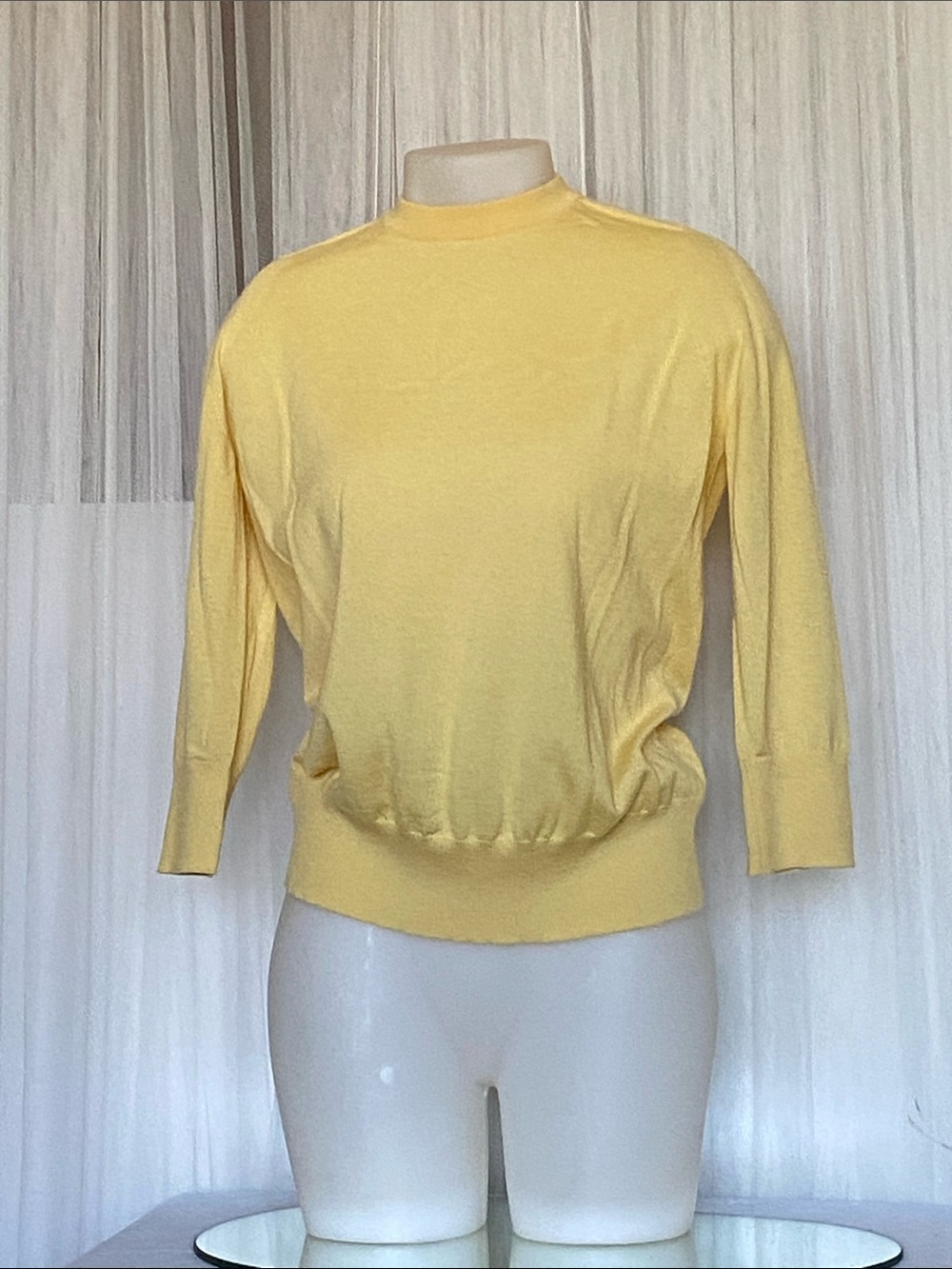 Loro Piana Canary Yellow Lightweight Mock Neck Sweater 3/4 Sleeves Ribbed Hem